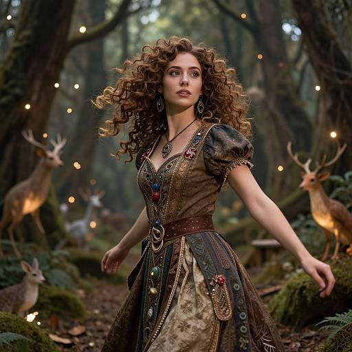 Photograph-style digital artwork: Curly-haired woman in elaborate, medieval-inspired dress with colorful beads, standing in enchanted forest with glowing fairy lights and deer