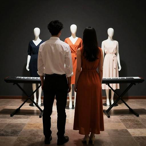 Couple Viewing Mannequins in Dresses