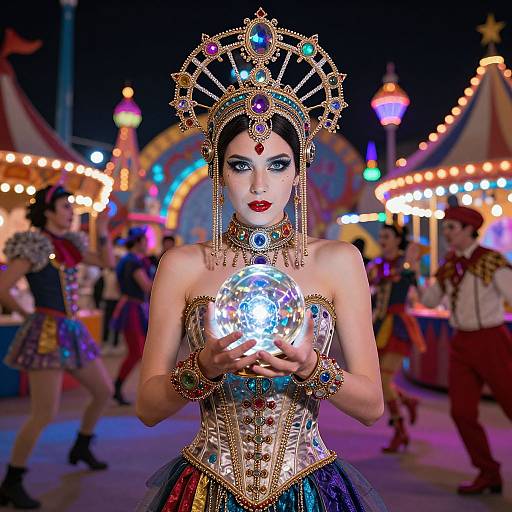 Photograph of a fairground at night, featuring a woman in elaborate, colorful circus costume with a jewel-encrusted headdress, holding a