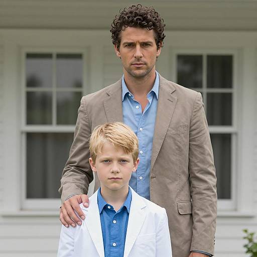 Man and Boy Standing with Serious Expressions