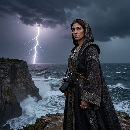 Photorealistic digital artwork of a serious woman in medieval cloak, standing by stormy sea with lightning bolt, rocky cliffs, and turbulent waves.