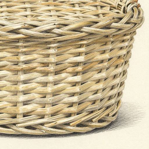 Photograph of a tightly woven, light brown wicker basket with a circular shape, showcasing intricate, diagonal weaving patterns.