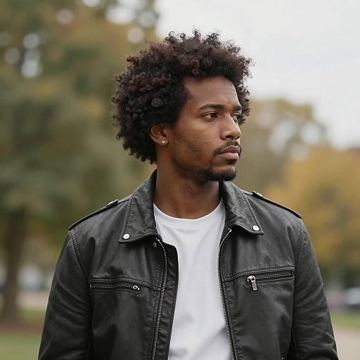 Serious man in leather jacket outdoors