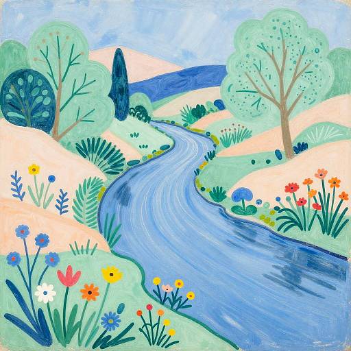 Vibrant, whimsical landscape painting of a winding blue river through colorful flower-filled hills, green trees, and a clear blue sky.