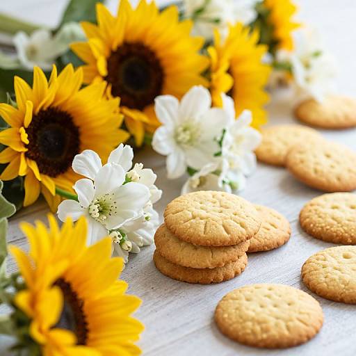 Photograph of golden-brown cookies arranged on a wooden surface, with vibrant sunflowers and white daisies in the background.