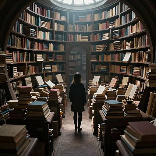 Photograph of a dimly lit, circular library with towering shelves of colorful books, stacks of open books on tables, and a silhouette of a person