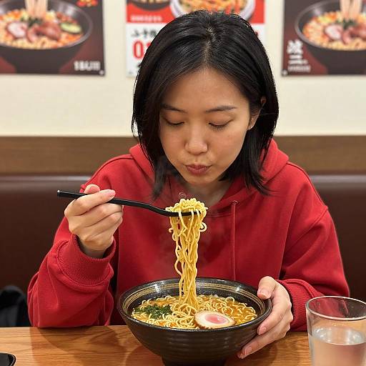 Cozy Ramen Moment in Red Hoodie