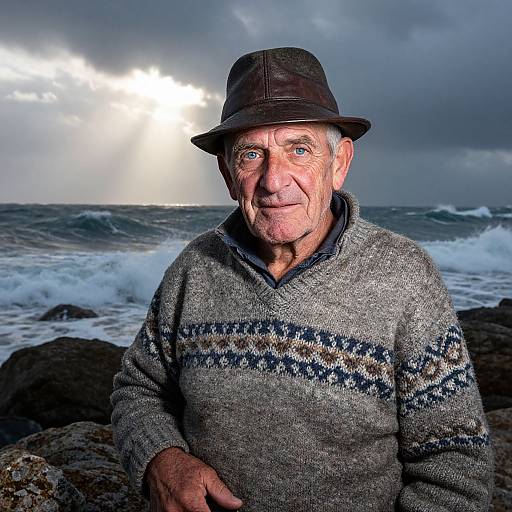 Photograph of an elderly man with wrinkles, blue eyes, wearing a gray patterned sweater and brown hat, standing by a rocky ocean shore under a