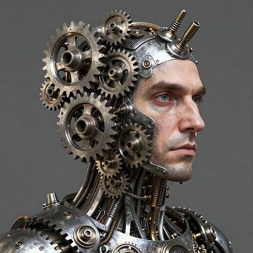 Photorealistic CGI of a man with a mechanical head, featuring intricate gears and metal components, against a gray background.