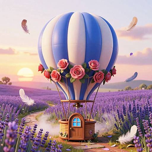 Colorful, whimsical hot air balloon with pink roses and blue-white stripes, flying over a vibrant lavender field at sunset. Feathers float around.