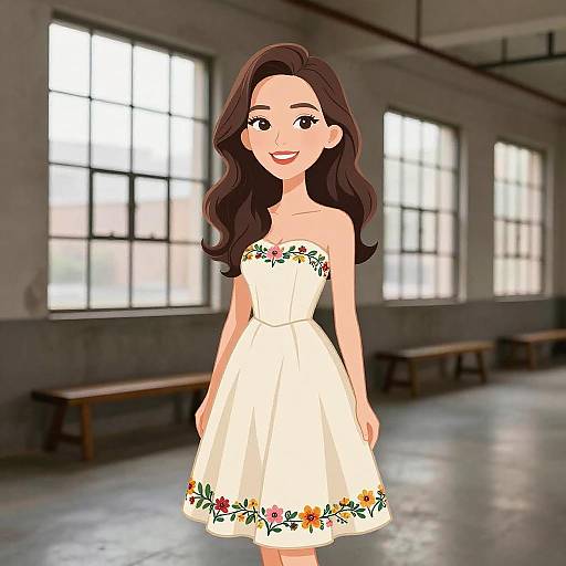 Digital cartoon of a smiling woman with long brown hair, wearing a strapless white floral dress, standing in a bright industrial room with large windows.