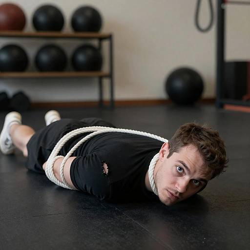 Intense Man Bound on Gym Floor