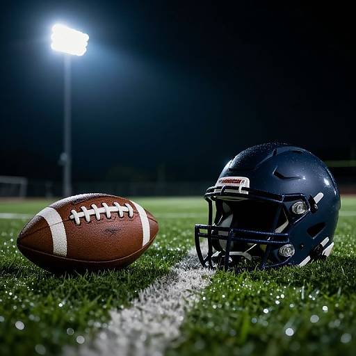 Photograph of a dark blue football helmet with face mask and an orange-brown football on a grassy field under bright stadium lights at night.