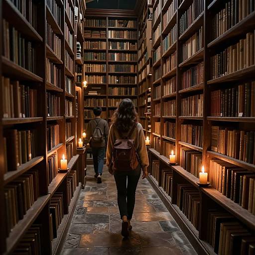 Photograph of a dimly lit library aisle with wooden bookshelves on both sides, lit by warm candles, two people walking away.