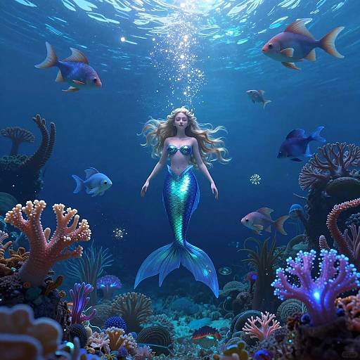 Photorealistic digital artwork of a shimmering blue mermaid with long blonde hair, floating amid colorful coral reefs and various fish in a sunlit underwater