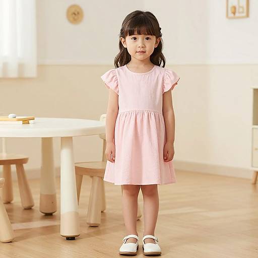 Photograph of a young Asian girl with straight black hair in a pink dress and white shoes, standing in a bright, minimalist classroom with wooden furniture and