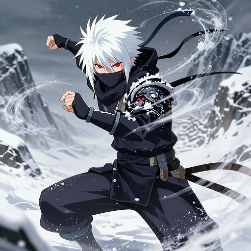 Anime-style digital illustration of a white-haired ninja with red eyes, black outfit, and mask, wielding a swirling water attack in a snowy, mountainous