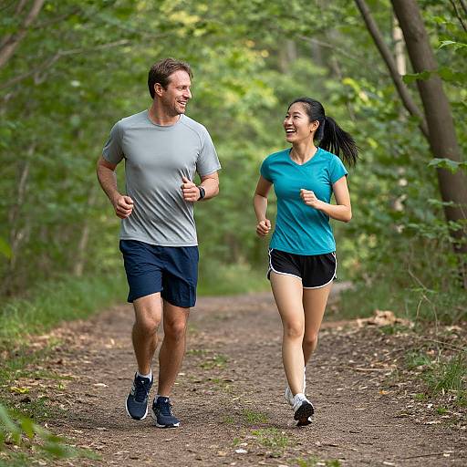 Photograph of a smiling man and woman jogging on a wooded trail, both wearing athletic clothes, surrounded by lush greenery.