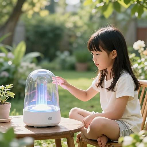 Photograph of an Asian girl with long black hair, wearing a white shirt and gray shorts, sitting outdoors, touching a glowing, dome-shaped electronic device