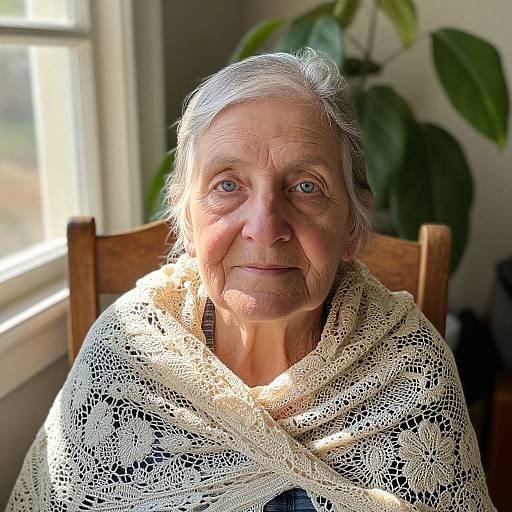 Photograph of an elderly woman with gray hair, blue eyes, and wrinkles, wearing a white lace shawl, sitting in sunlight by a window with