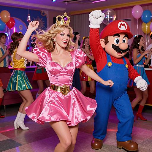Photograph of a lively costume dance party featuring a blonde woman in a pink Princess Daisy dress and crown, and a man in a Mario costume, both