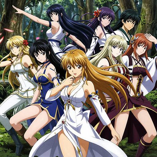 Digital anime-style illustration of eight female characters in revealing fantasy outfits, posing confidently in a forest setting with vibrant colors and detailed backgrounds.