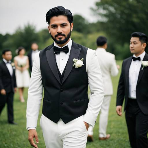 Groom in Black and White Tuxedo at Outdoor Wedding