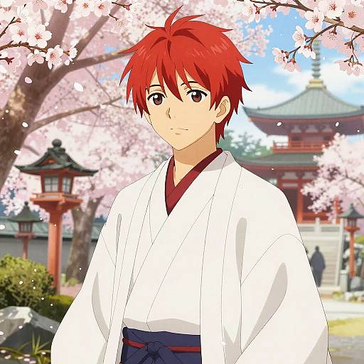 Anime-style drawing of a red-haired boy in a white kimono standing in front of cherry blossom trees, with a traditional Japanese temple in the background.