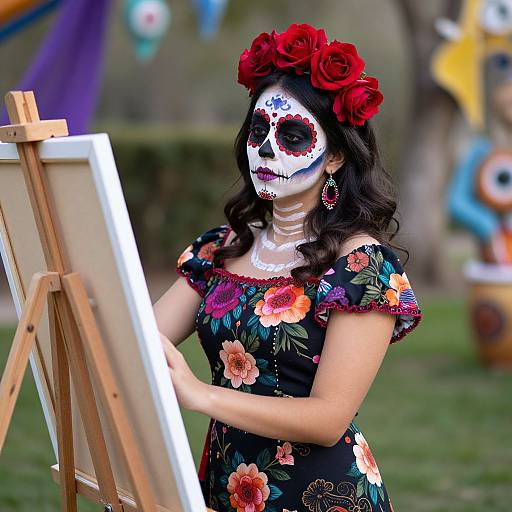 Photograph of a woman in a floral dress, red flower headpiece, and sugar skull face paint, painting outdoors on an easel.