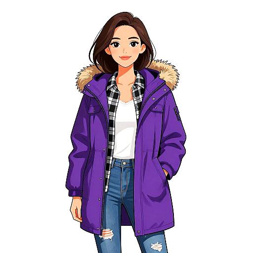 Digital anime-style illustration of a smiling woman with medium-length brown hair, wearing a purple parka with fur hood, white tee, black plaid shirt