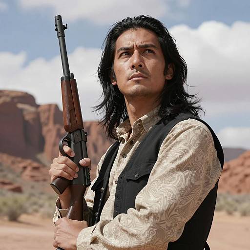 Man Holding Rifle in Desert Landscape