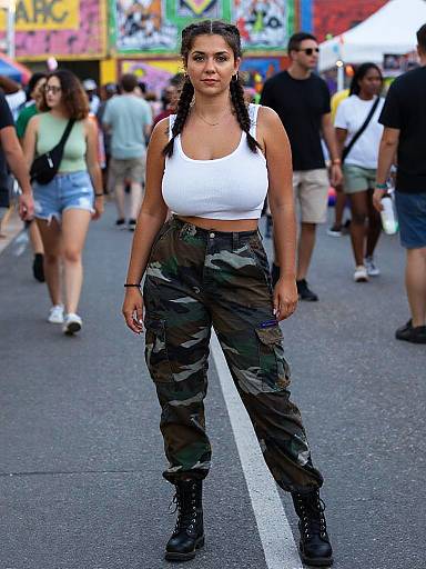 Photograph of a confident woman with braided hair, wearing a white crop top, camouflage cargo pants, and black boots, standing in a busy outdoor