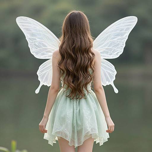 Photograph of a woman with long brown hair, facing away, wearing a light green dress and translucent white fairy wings, standing by a blurred green forest