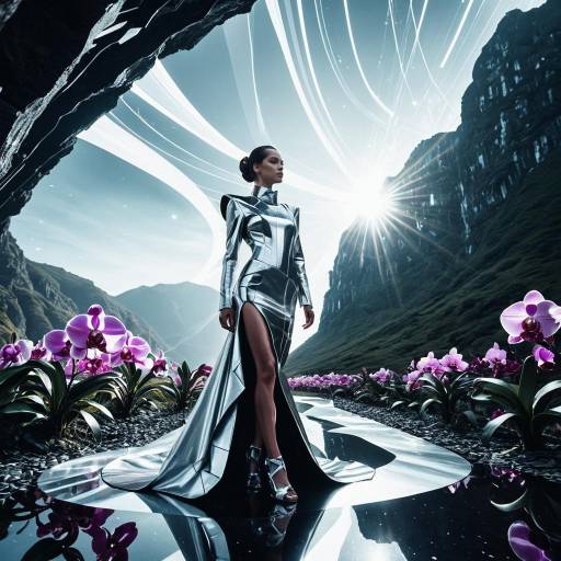 Futuristic Model in Silver Dress Amid Surreal Landscape