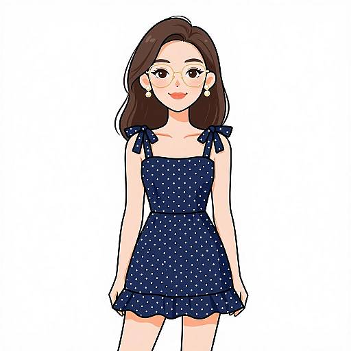 Digital anime-style drawing of an Asian woman with brown hair, glasses, and blue polka dot dress, smiling against a white background.