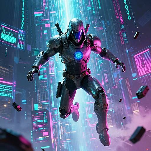 Cyberpunk-style digital artwork of a glowing, futuristic robotic soldier with blue and pink lights, leaping through a neon-lit, cyber-cityscape