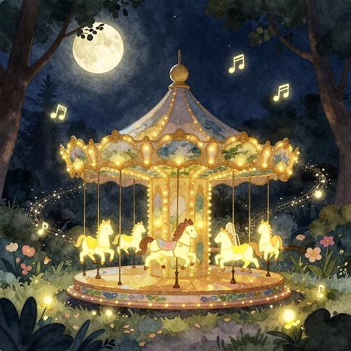 Whimsical Firefly Carousel at Midnight