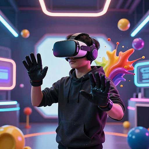 Photograph of a person in a virtual reality headset, black hoodie, and gloves, surrounded by neon lights and colorful floating spheres.