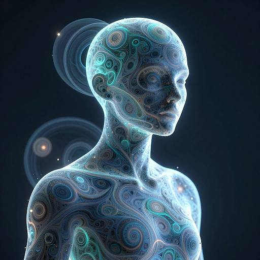 Digital art of a glowing, blue and teal, humanoid figure with intricate, swirling patterns on the skin, set against a dark background.