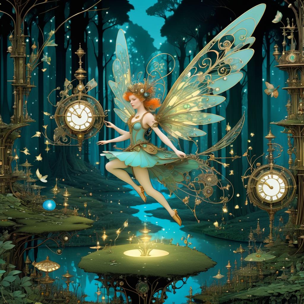 Whimsical Clockwork Fairy in Enchanted Forest