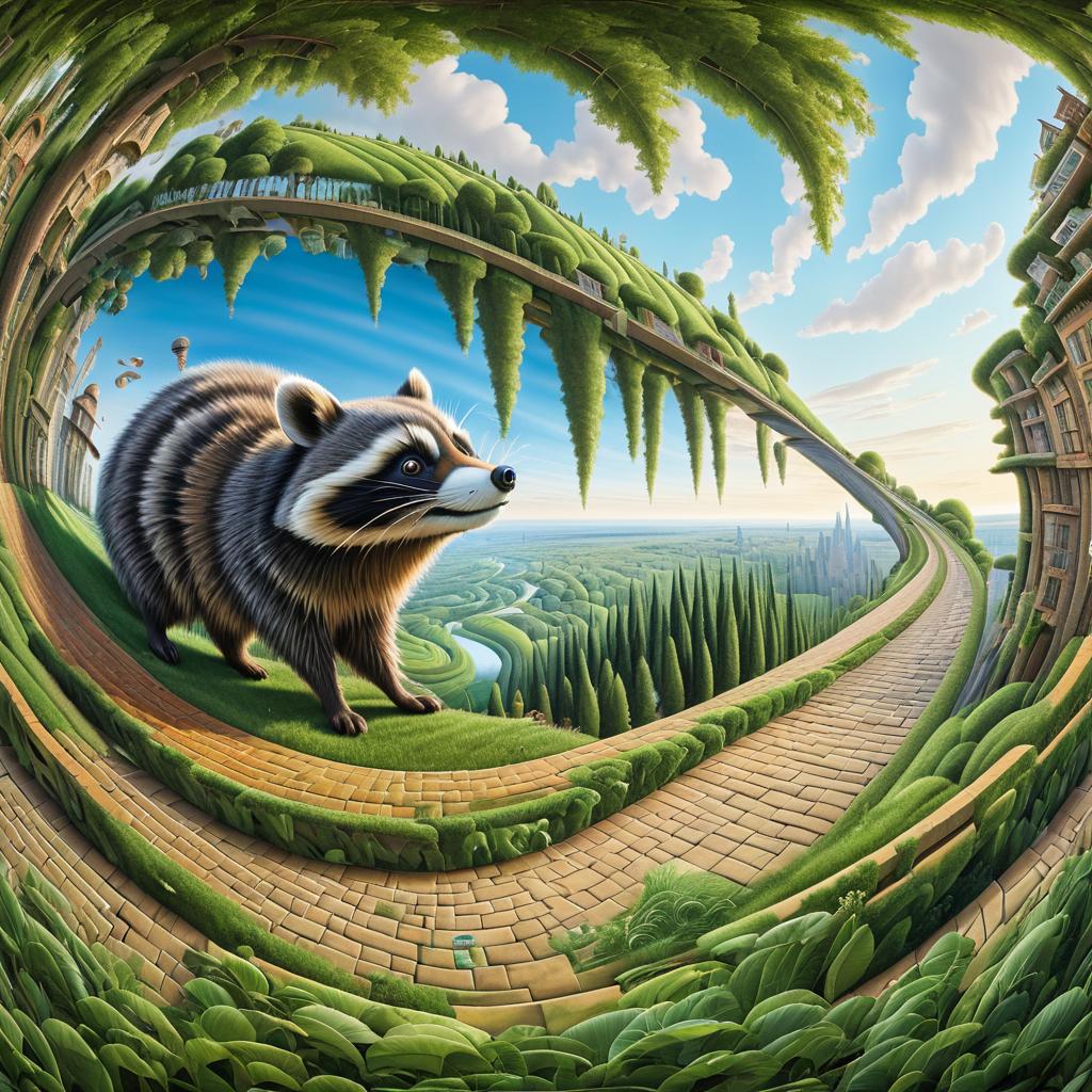 Whimsical Raccoon Mural in Surreal Style