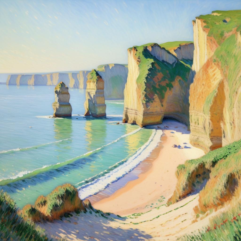 Sunlit Beach Cliffs in Monet Style