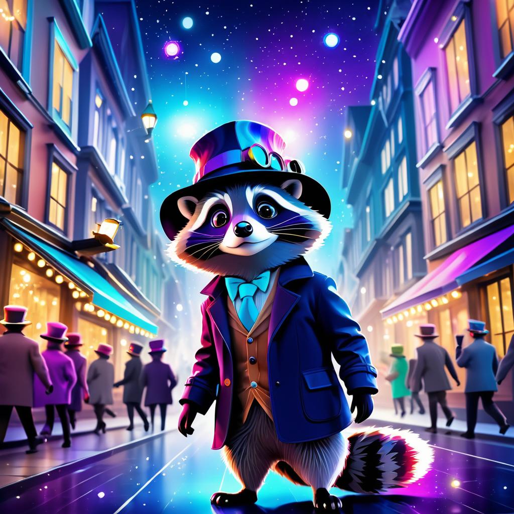 Curious Raccoon Detective in City Lights