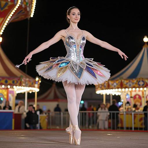 Photograph of a ballerina in a silver and multicolored tutu, white tights, and pointe shoes, performing at a night
