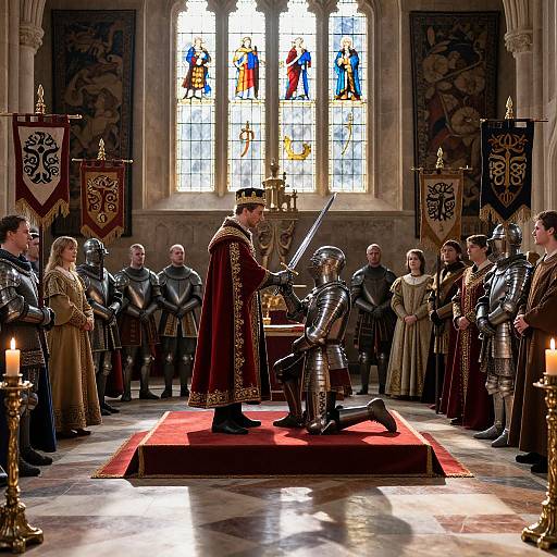 Photograph of a medieval-style church ceremony with knights in armor, a bishop in a red robe, and stained glass windows.