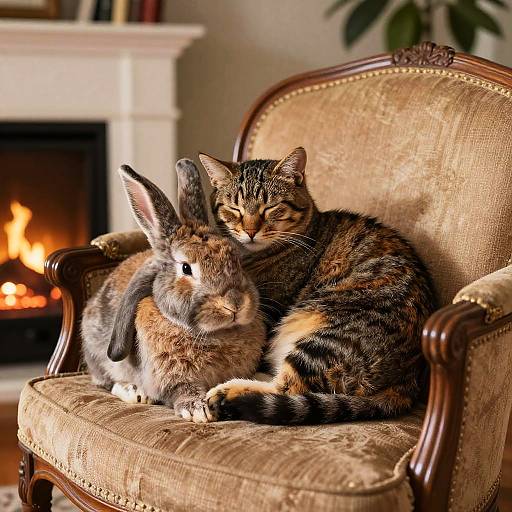 Photograph of a tabby cat curled around a brown and black rabbit on a beige, ornate armchair, with a lit fireplace in the background