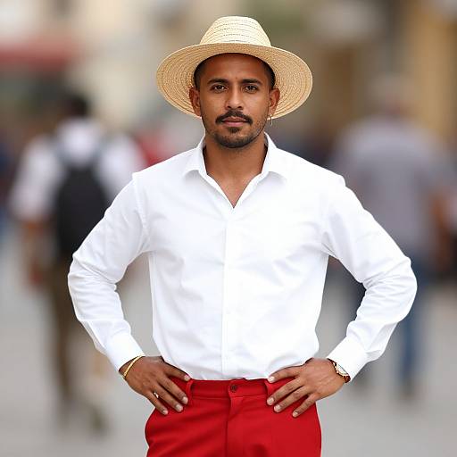 Photograph of a confident, bearded Indian man in a white shirt, red pants, and straw hat, standing in a blurred urban street.