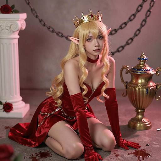 Elf Queen Kneeling in Dim Throne Room