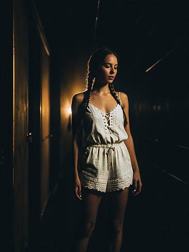 Young Woman in White Eyelet Romper