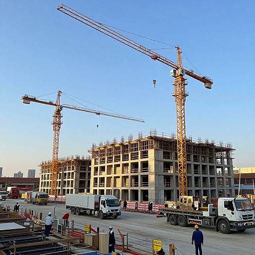 Photograph of a construction site with two yellow cranes, partially built concrete structure, white trucks, and construction workers under a clear blue sky.